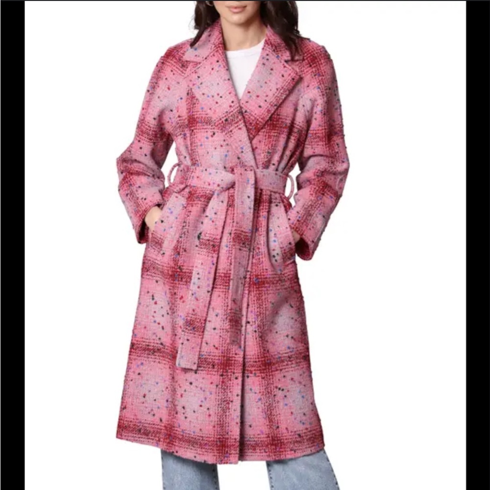 AVEC LES FILLES Donegal Tweed Double Breasted Wrap Coat in Pink Multi Sz Small